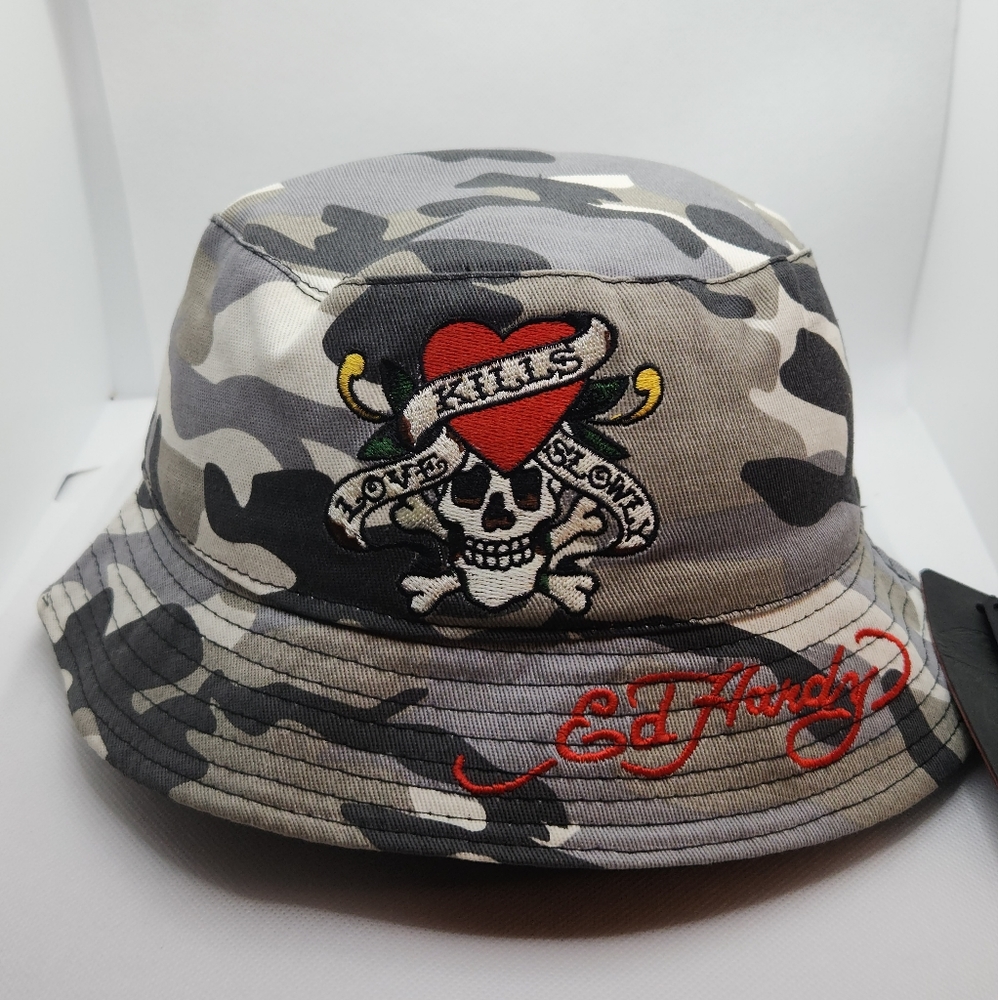 Ed hardy graphic reversible bucket camo army hat